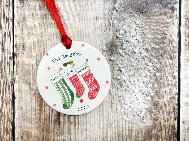 3 (Choose Middle Colour) Stocking Christmas Ceramic Bauble