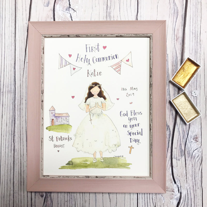 Medium Framed Picture "First Holy Communion" Girl with Church and verse