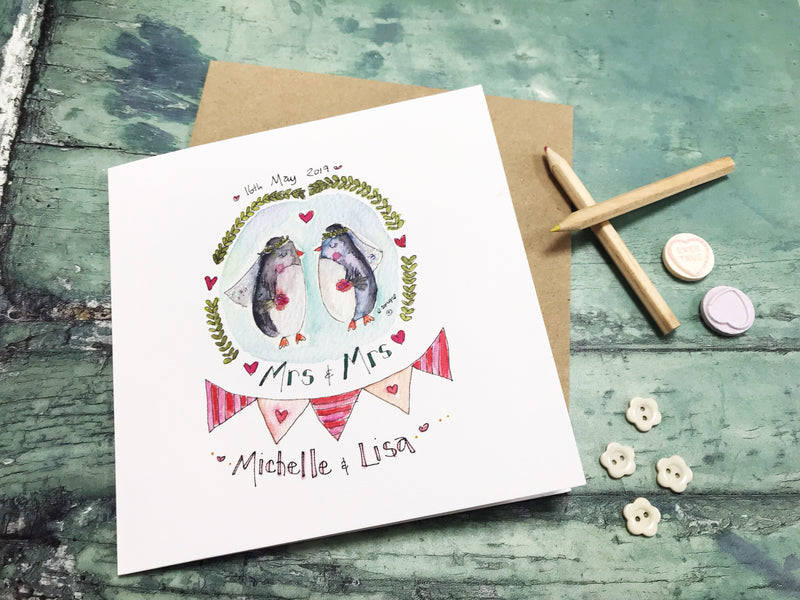 Mrs and Mrs Penguins Card- Personalised