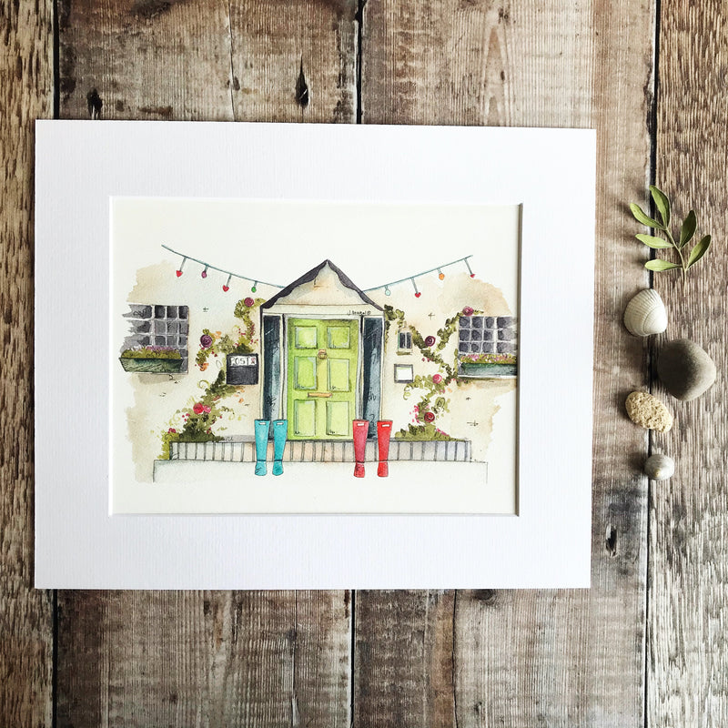Green Front Door with Wellies Personalised Print