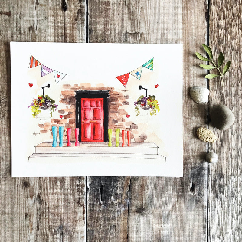 Red Front Door with Wellies Personalised Print