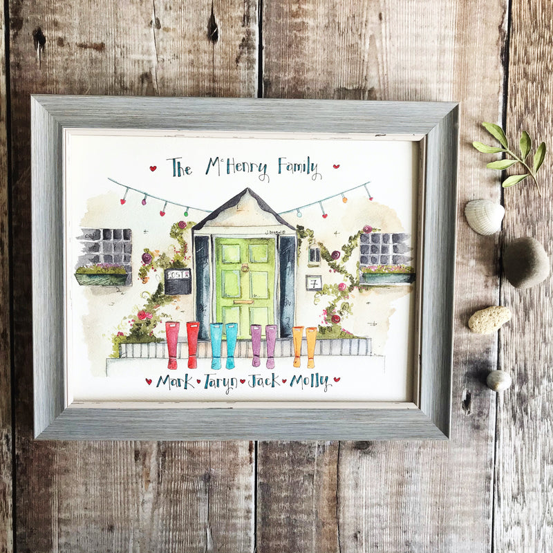 Green Front Door with Wellies Personalised Print