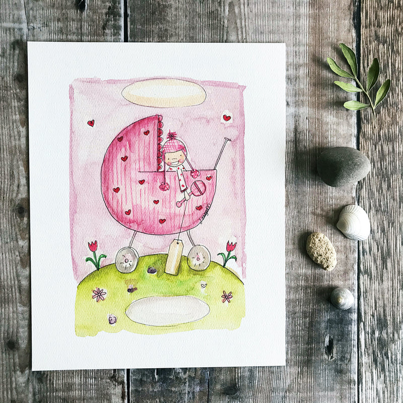 "Baby Girl Pram" Personalised Print