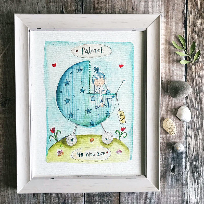 "Baby Boy Pram" Personalised Print