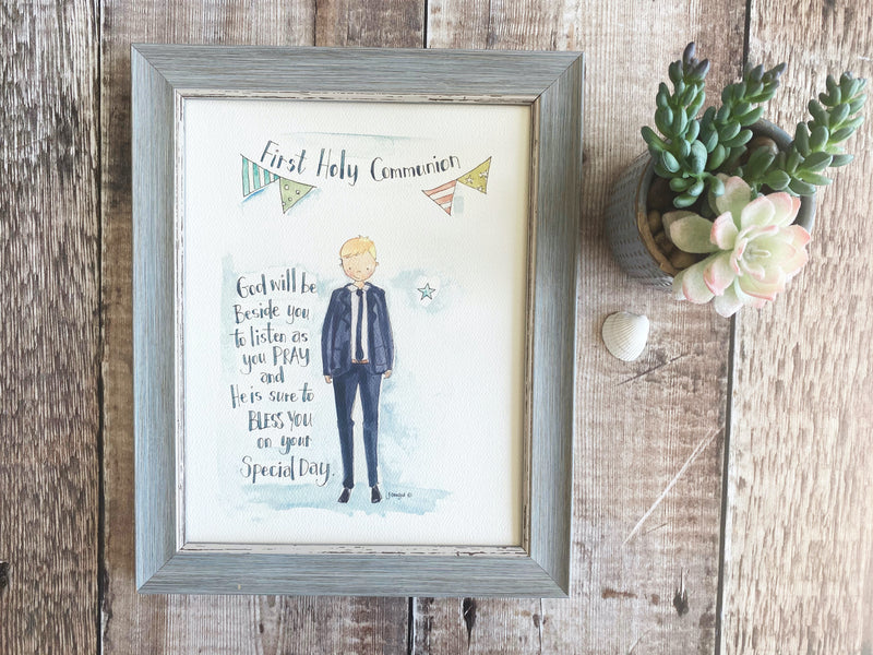 Medium Framed Picture "First Holy Communion" Boy with Verse
