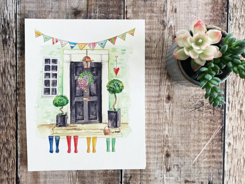 Black Front Door with Wellies Personalised Print