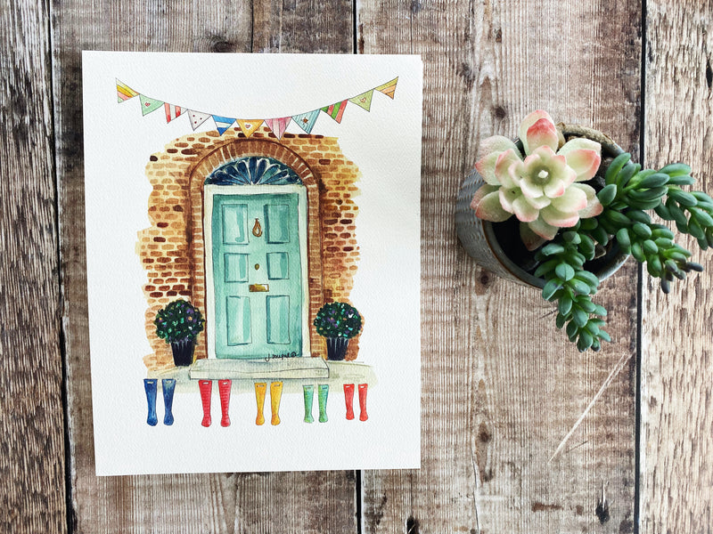 Turquoise Front Door with Wellies Personalised Print
