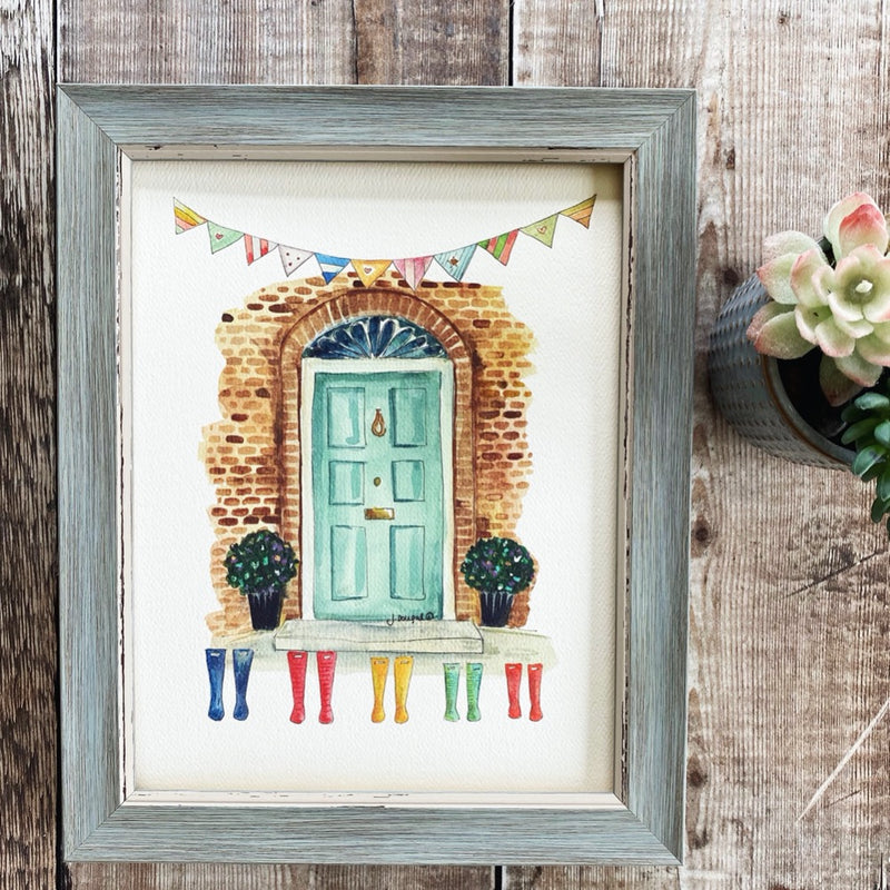 Turquoise Front Door with Wellies Personalised Print