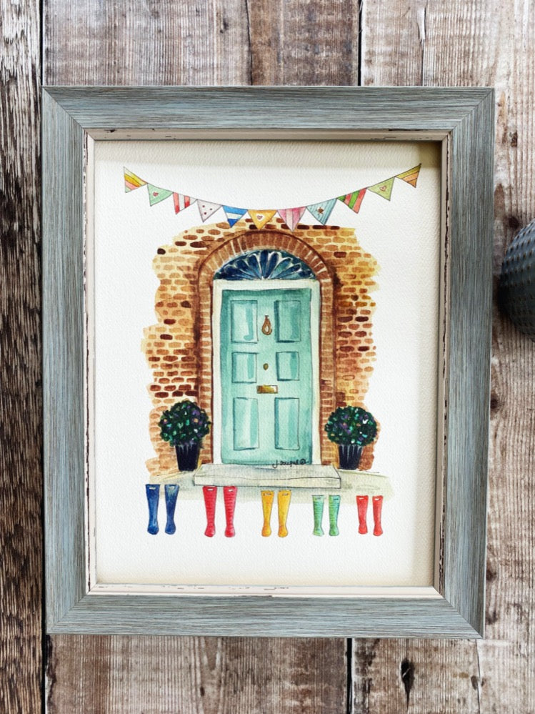 Turquoise Front Door with Wellies Personalised Print