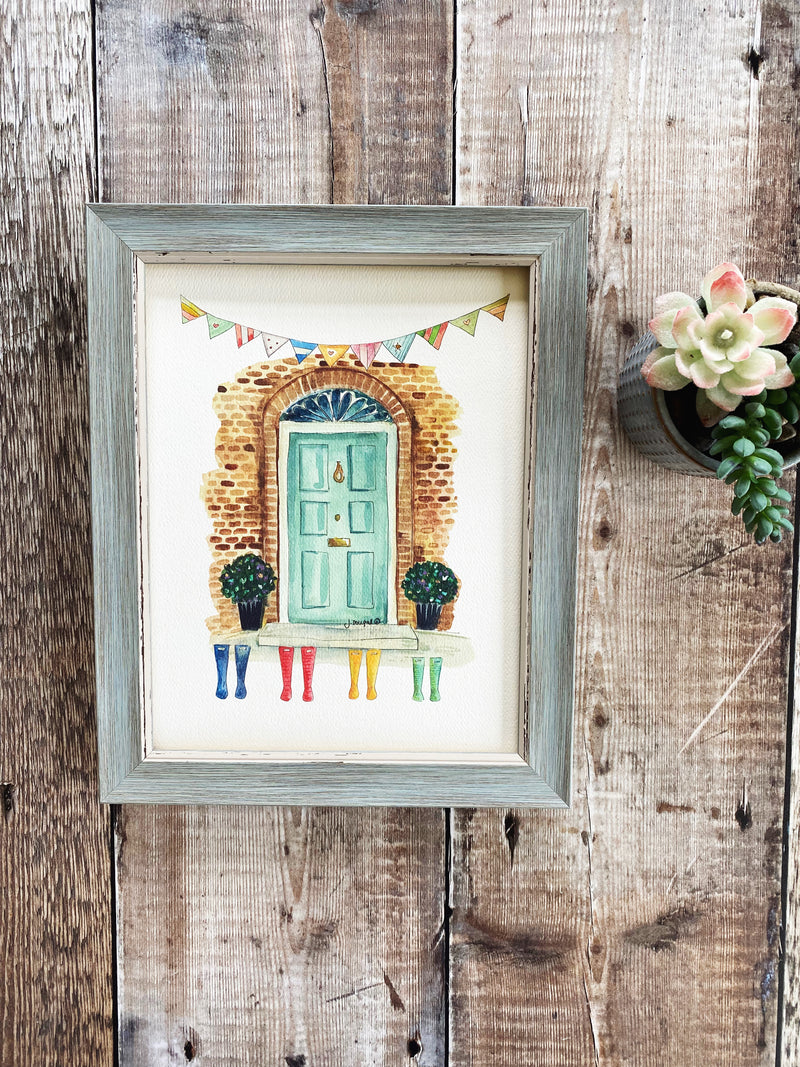 Turquoise Front Door with Wellies Personalised Print