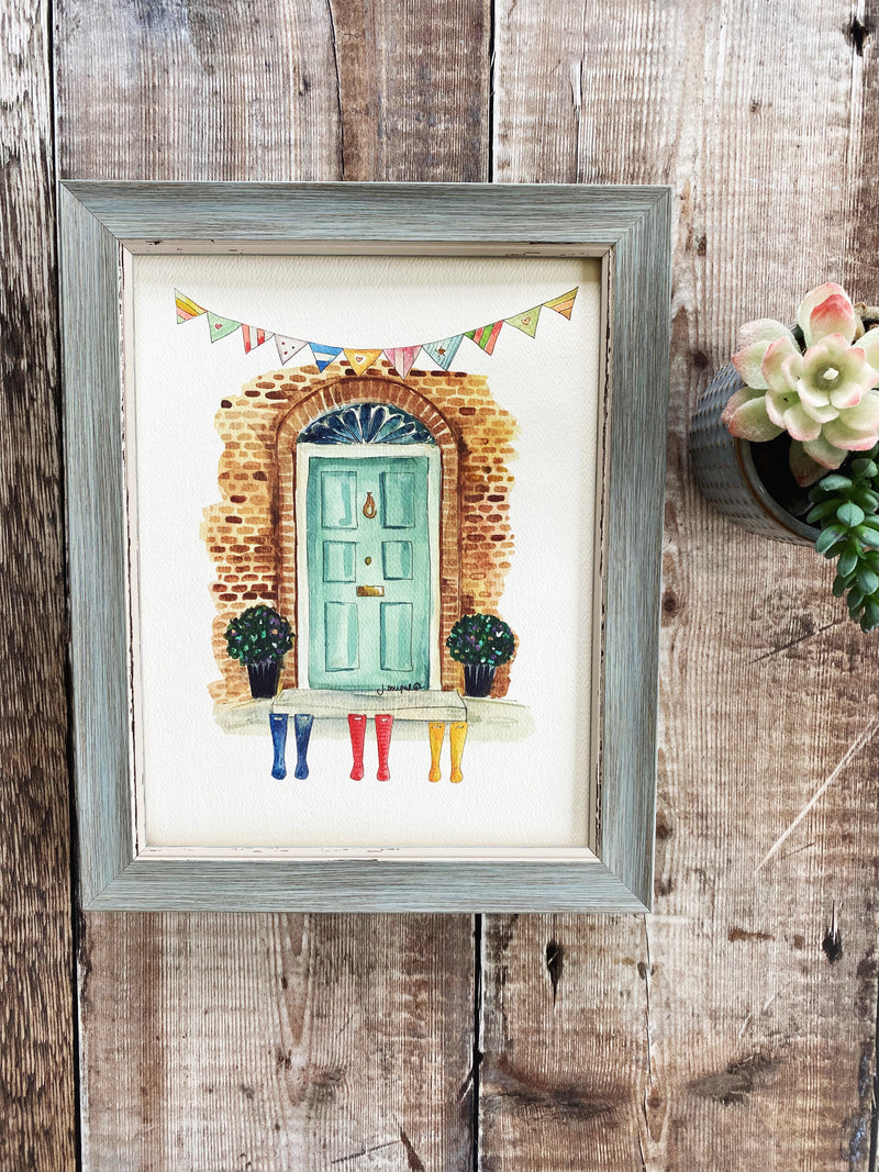 Turquoise Front Door with Wellies Personalised Print