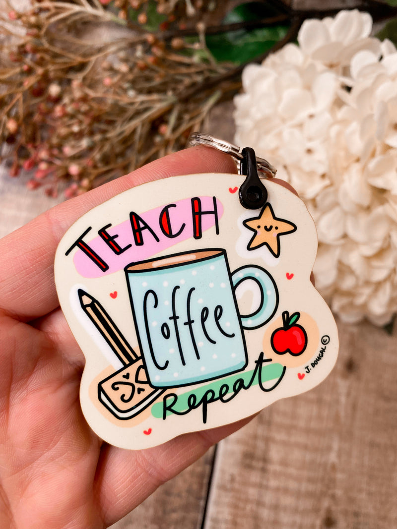 Teach, Coffee, Repeat Wooden Keyring