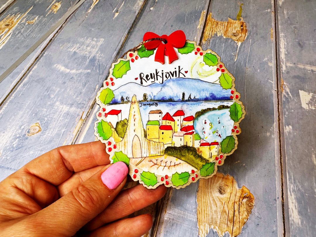 Wooden Hanging Christmas Scene Reykjavik Iceland Christmas Decoration (Copy)