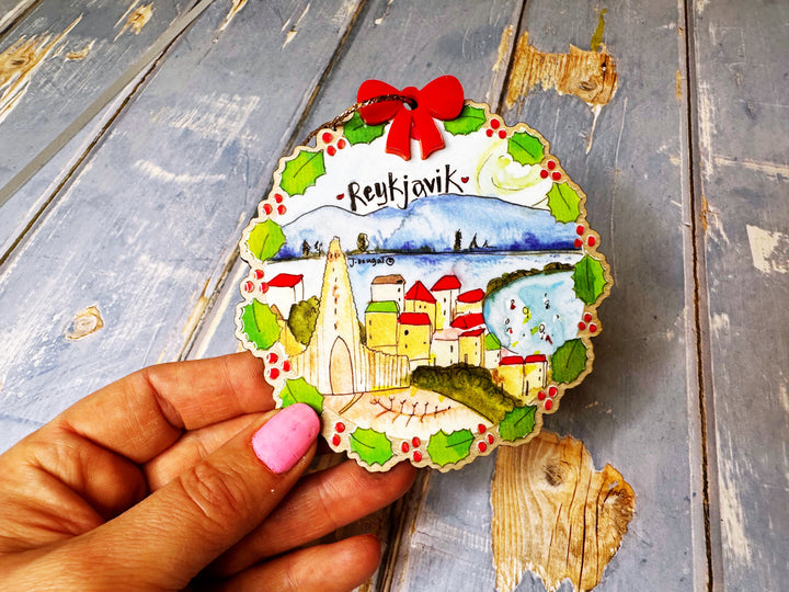 Wooden Hanging Christmas Scene Reykjavik Iceland Christmas Decoration (Copy)