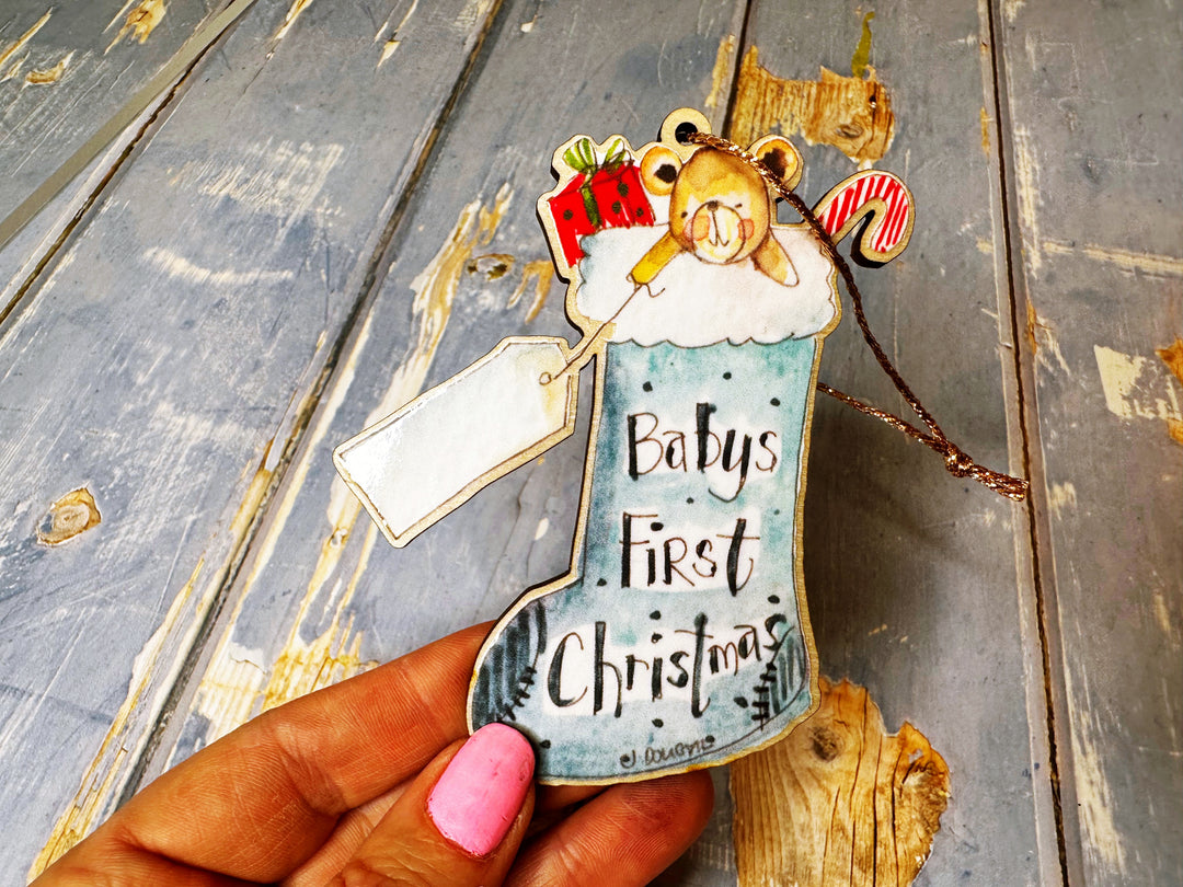 Wooden Hanging First Christmas Blue Stocking
