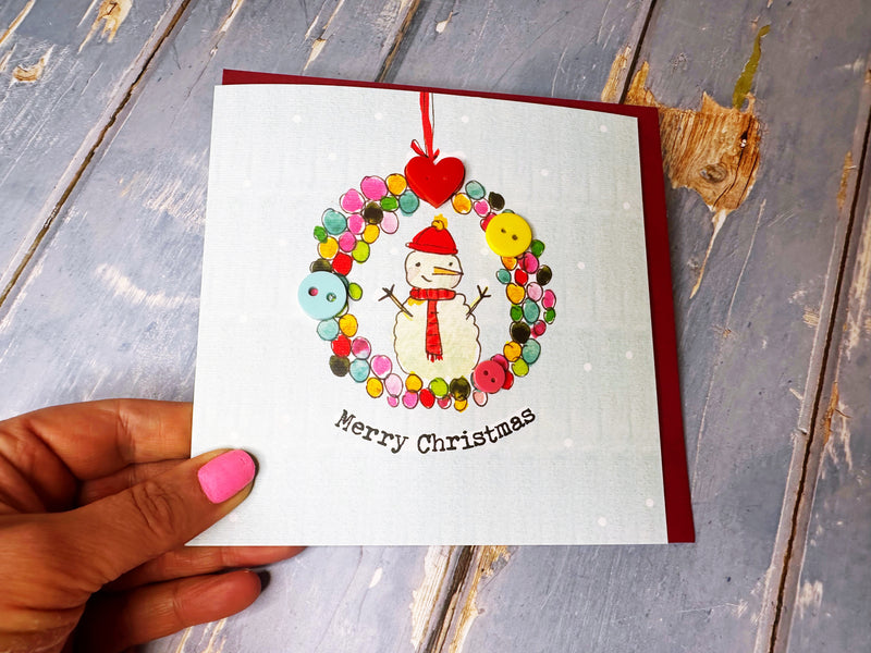 Button Snowman Wreath Christmas Card - Personalised