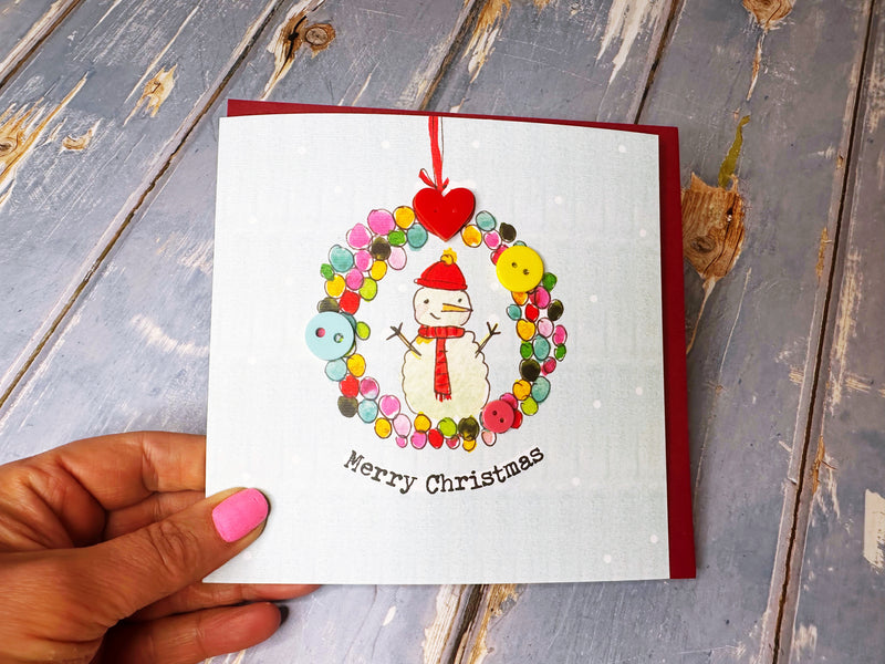 Button Snowman Wreath Christmas Card - Personalised