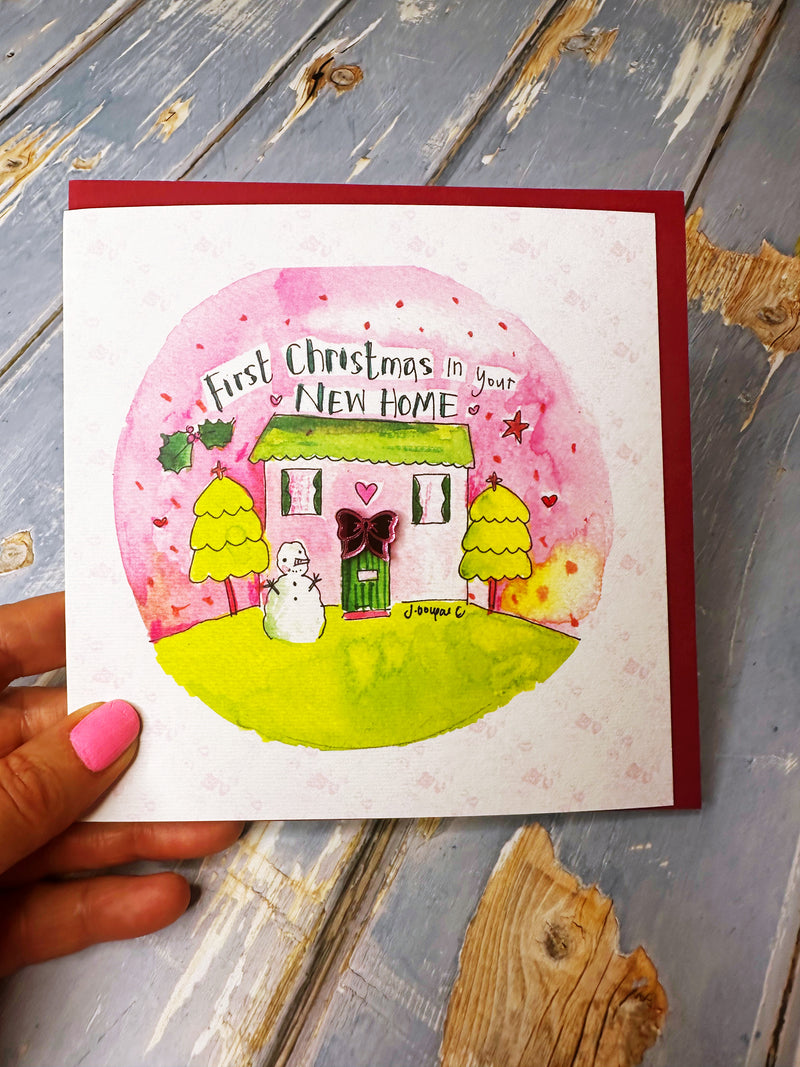 Pink Cute First Christmas in your New Home Card - Personalised