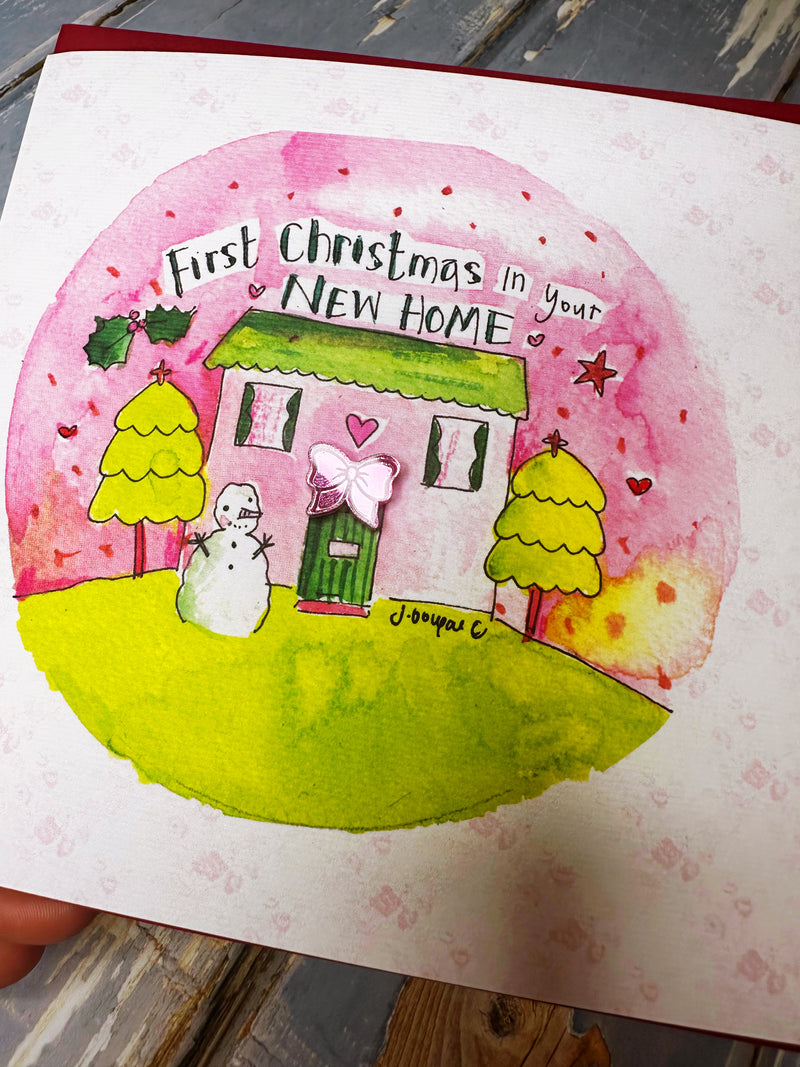 Pink Cute First Christmas in your New Home Card - Personalised