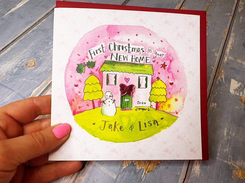 Pink Cute First Christmas in your New Home Card - Personalised