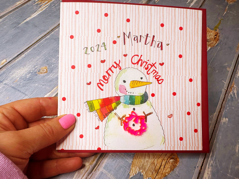 Stripey Snowman Christmas Card - Personalised