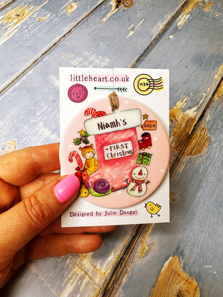 First Christmas Stocking Pink Ceramic circle