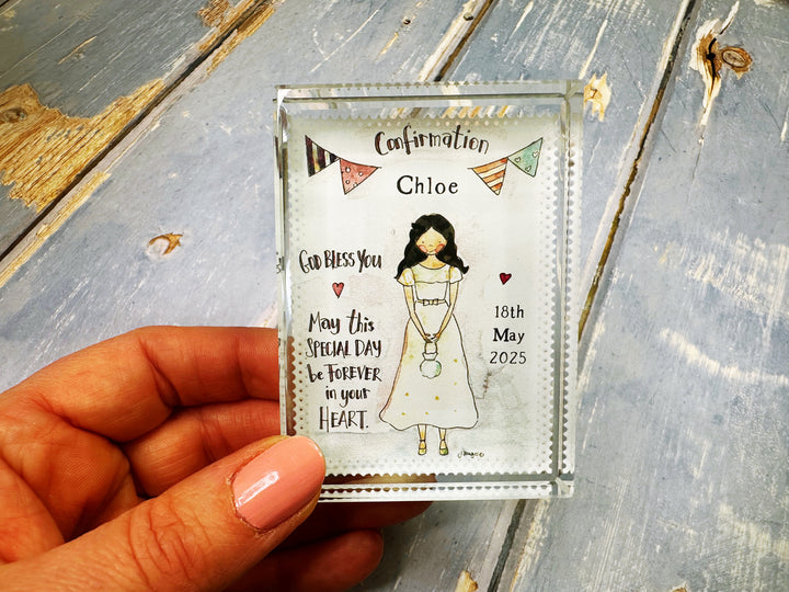 Confirmation Girl with background Little Glass Keepsake Block