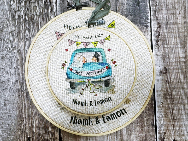Wedding Little Blue Car Personalised Hanging Fabric Wooden Hoop