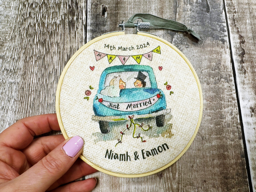 Wedding Little Blue Car Personalised Hanging Fabric Wooden Hoop