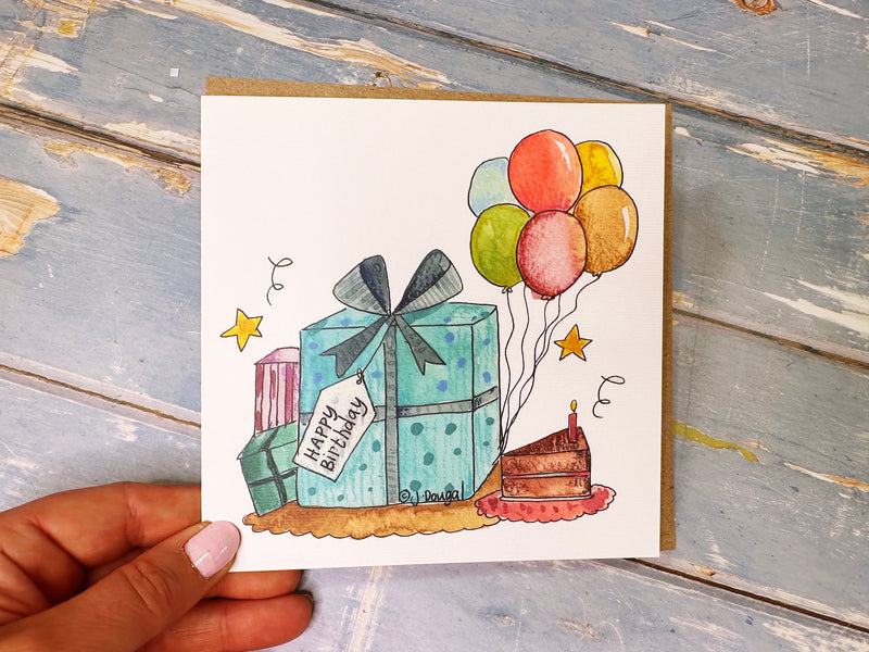 Blue Present and Cake personalised card