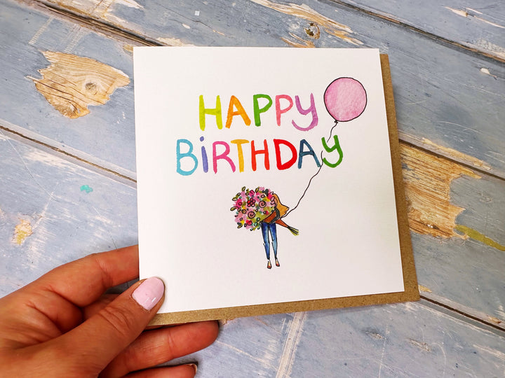 Girl with Bouquet Birthday card personalised