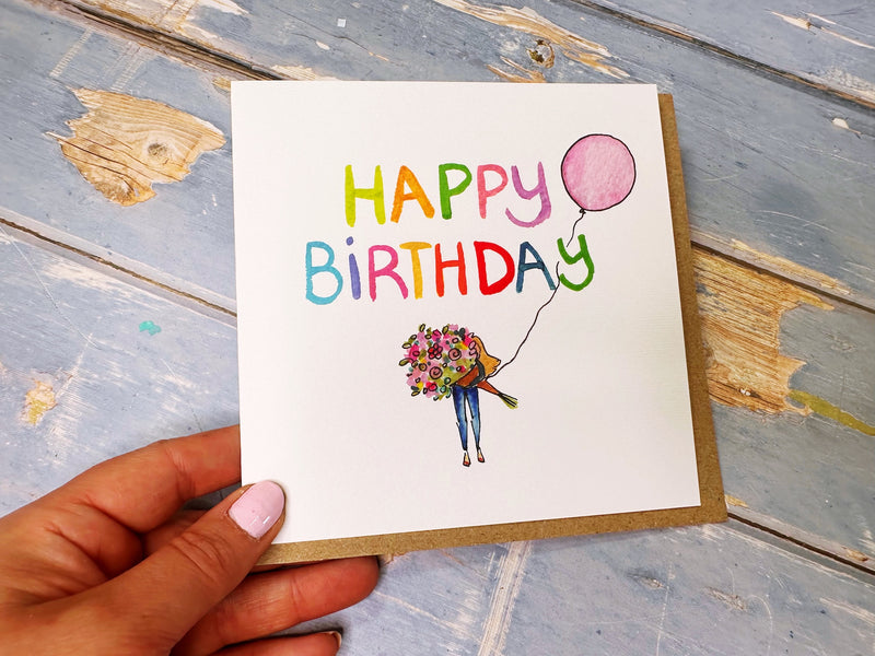 Girl with Bouquet Birthday card personalised