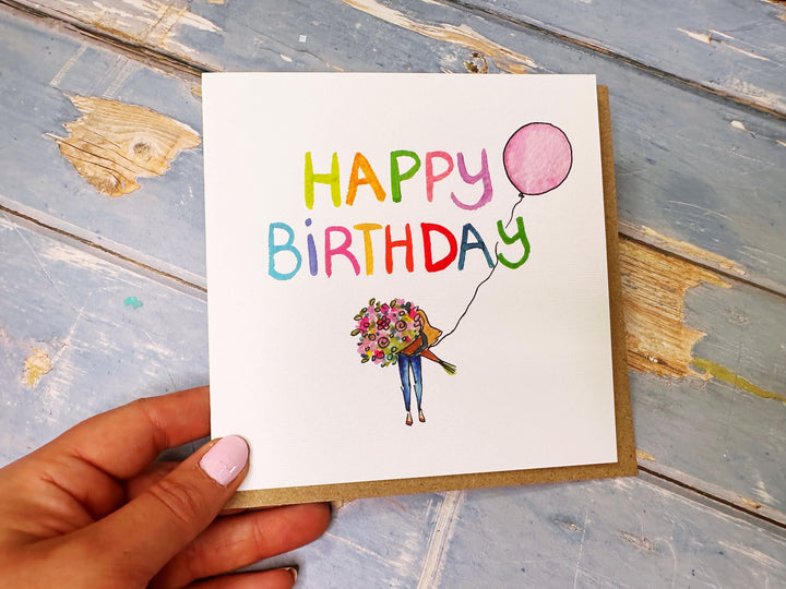 Girl with Bouquet Birthday card personalised