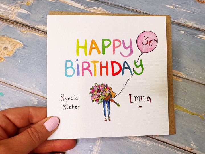 Girl with Bouquet Birthday card personalised