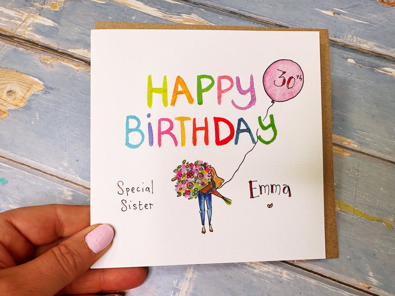 Girl with Bouquet Birthday card personalised