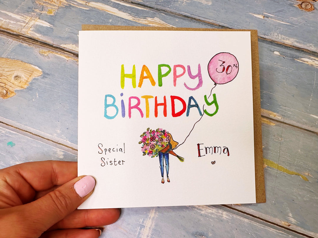 Girl with Bouquet Birthday card personalised