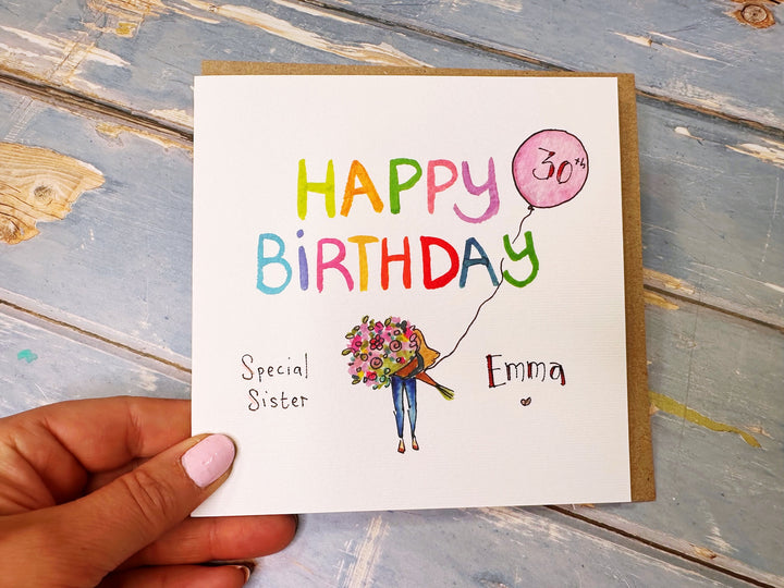 Girl with Bouquet Birthday card personalised