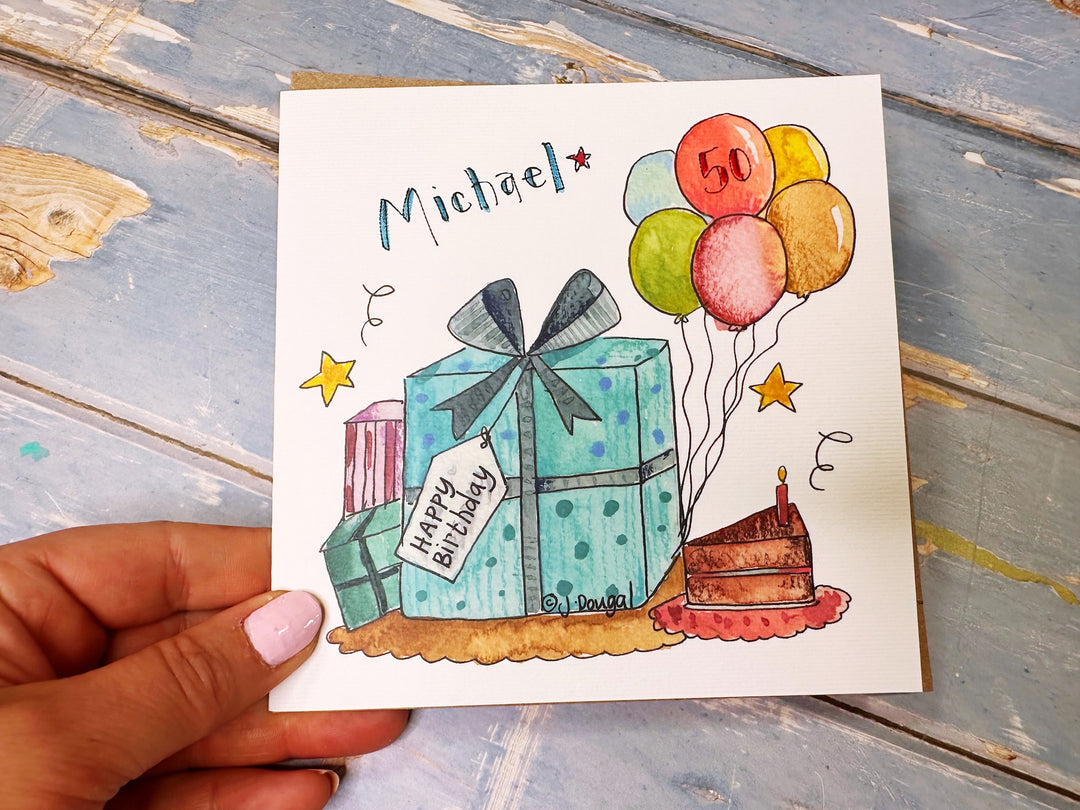 Blue Present and Cake personalised card