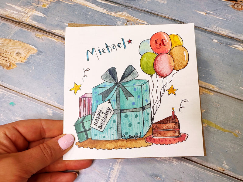 Blue Present and Cake personalised card