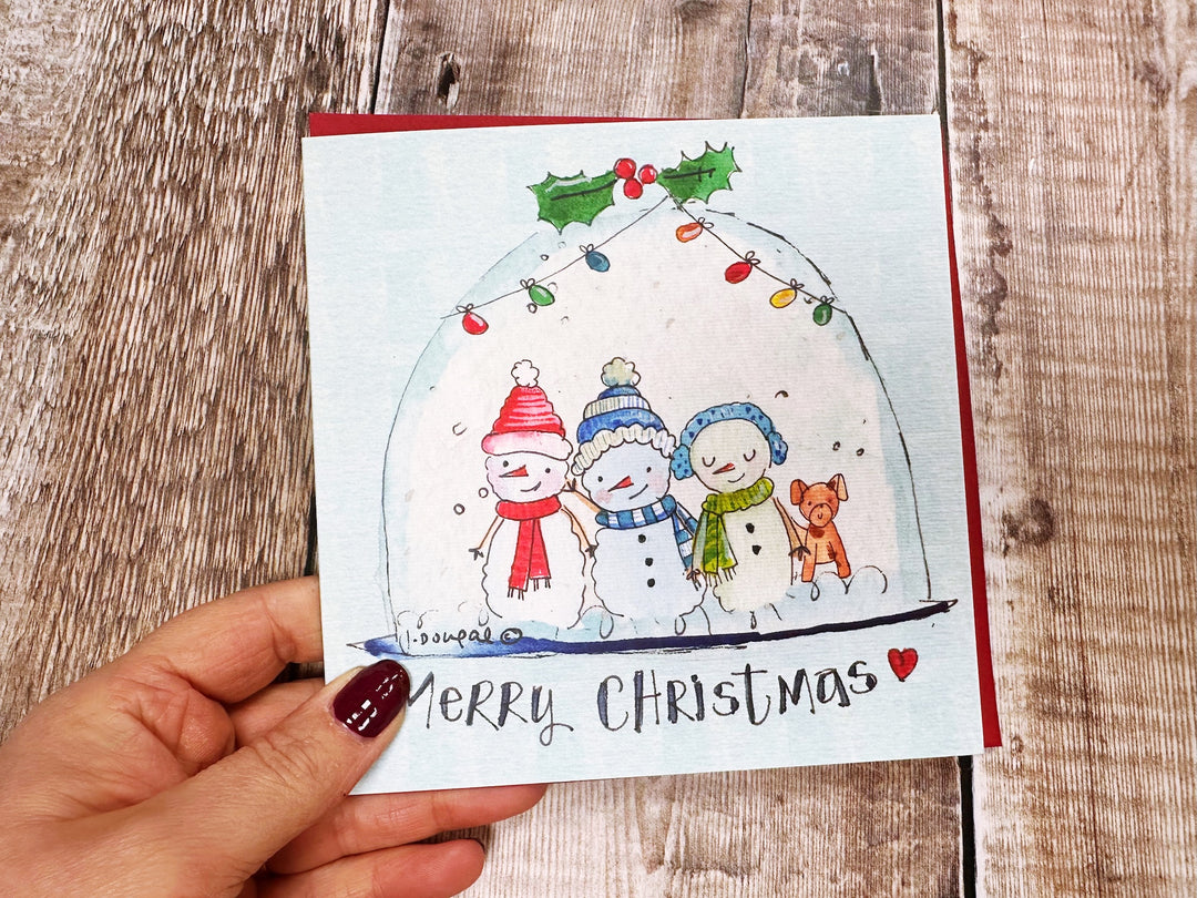 3 Snowmen in Snow Globe Christmas Card - Personalised