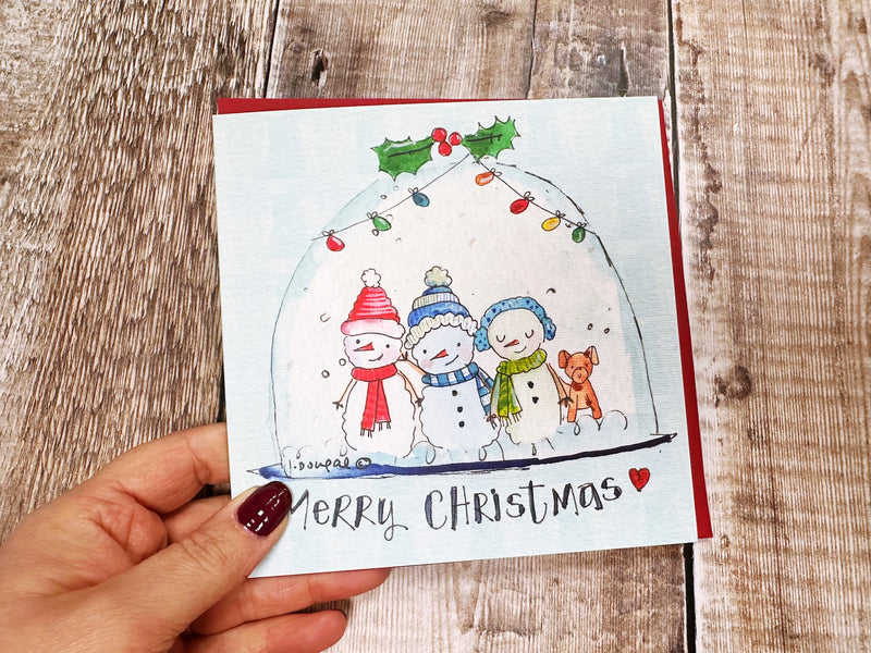 3 Snowmen in Snow Globe Christmas Card - Personalised