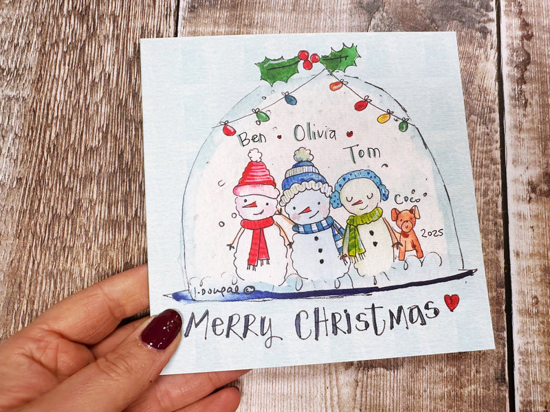 3 Snowmen in Snow Globe Christmas Card - Personalised