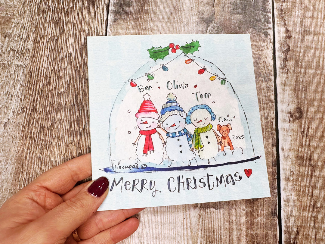 3 Snowmen in Snow Globe Christmas Card - Personalised