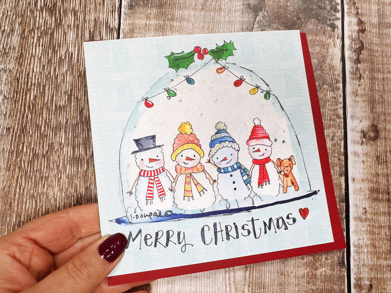 4 Snowmen in Snow Globe Christmas Card - Personalised