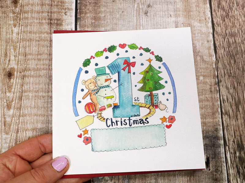 "First Christmas Baby Boy Toys" Christmas Card - Personalised