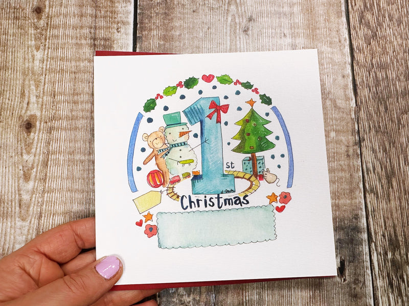 "First Christmas Baby Boy Toys" Christmas Card - Personalised