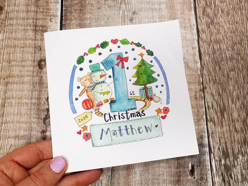 "First Christmas Baby Boy Toys" Christmas Card - Personalised