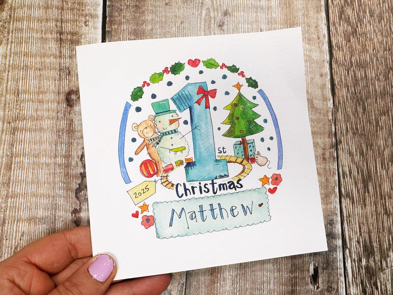 "First Christmas Baby Boy Toys" Christmas Card - Personalised