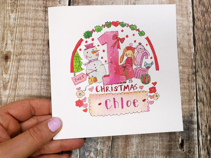 "First Christmas Baby Girl Toys" Christmas Card - Personalised