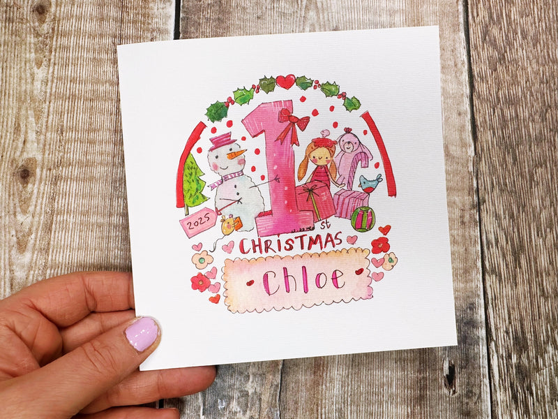 "First Christmas Baby Girl Toys" Christmas Card - Personalised